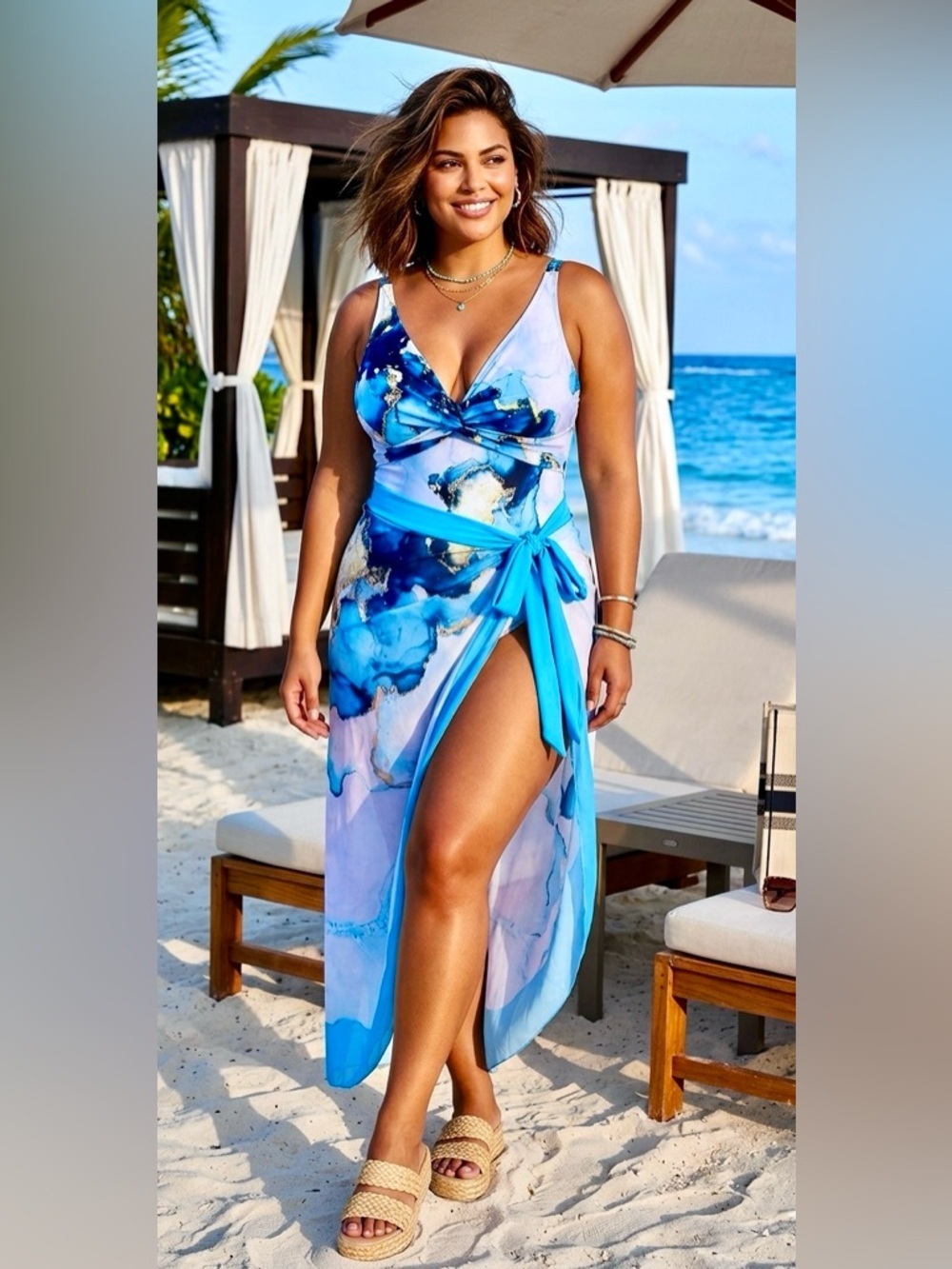 Blue Marble Foil Print One-Piece Swimsuit With Matching Sarong Women’s NWOT